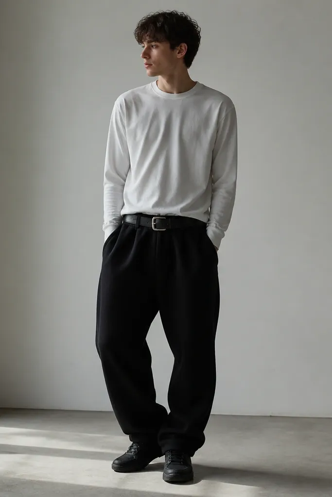Black baggy sweatpants paired with a white long-sleeve tee. A leather belt shows over the waistband, with black sneakers.