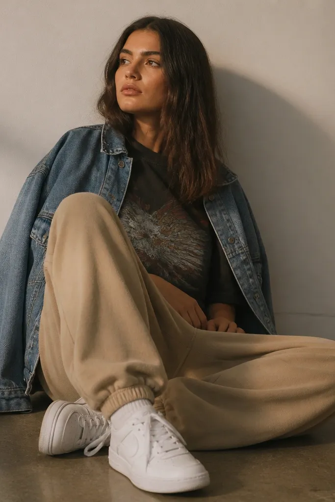 Khaki baggy sweatpants with a graphic t-shirt. An oversized blue denim jacket sits open, with white sneakers.