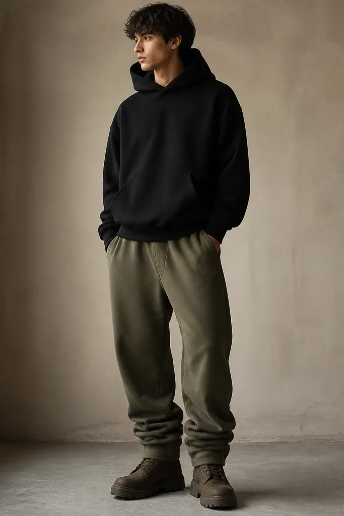 Black hoodie over light olive baggy sweatpants. Brown tactical-style boots with thick soles. The hem stacks over the boot shaft.
