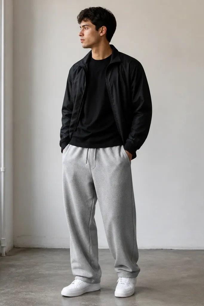 Gray marl baggy sweatpants with a plain black t-shirt. A black nylon track jacket with a subtle sheen. White sneakers.