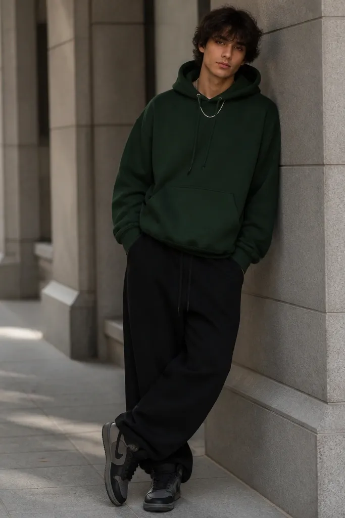 Forest green hoodie over black baggy sweatpants. A silver chain catches light at the neckline. Black-and-gray sneakers.