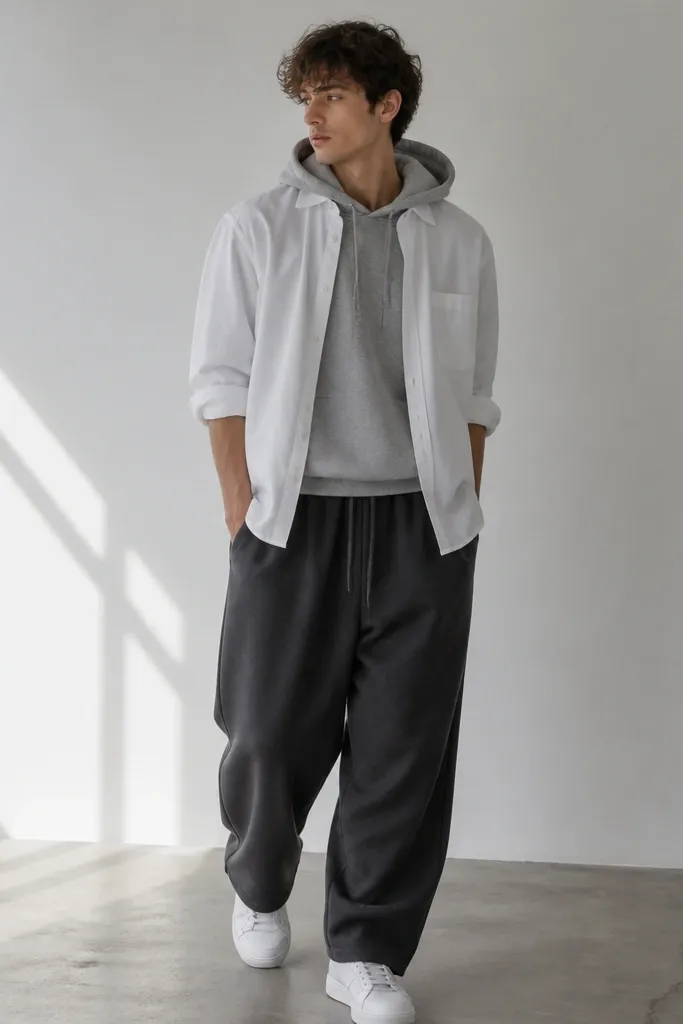 Charcoal baggy sweatpants with a white button-up shirt worn open over a hoodie. The hoodie is light gray, shirt sleeves rolled. White sneakers.