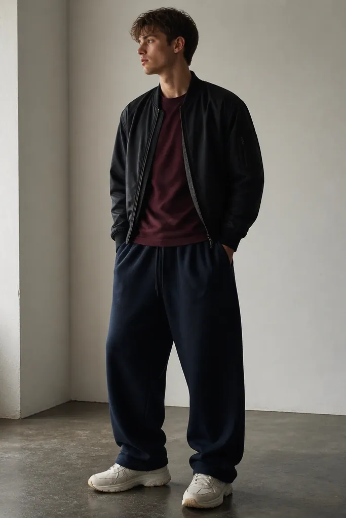 Navy baggy sweatpants with a burgundy t-shirt. A bomber jacket with ribbed cuffs and collar in dark tones. Sneakers in cream.