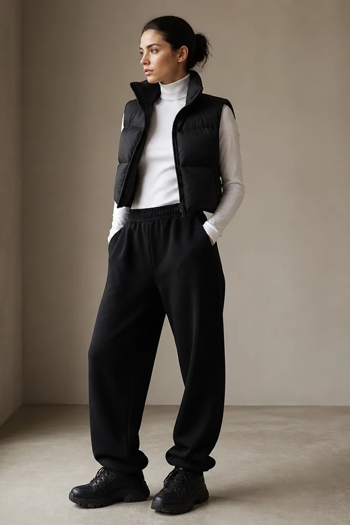 Black baggy sweatpants with a white turtleneck underneath. A black puffer vest on top. Chunky black sneakers.