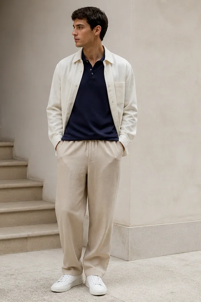 Sand baggy sweatpants with a navy polo shirt. A light canvas overshirt worn open. White sneakers.