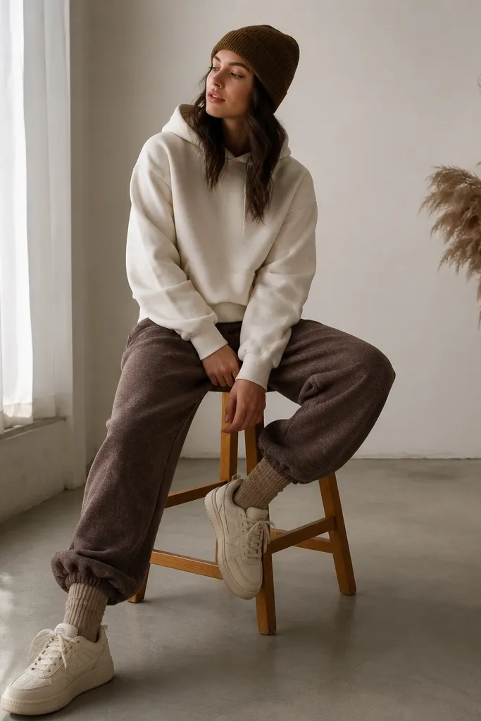 Heather brown baggy sweatpants with a cream hoodie. A brown knit beanie. Cream sneakers and warm-toned socks.
