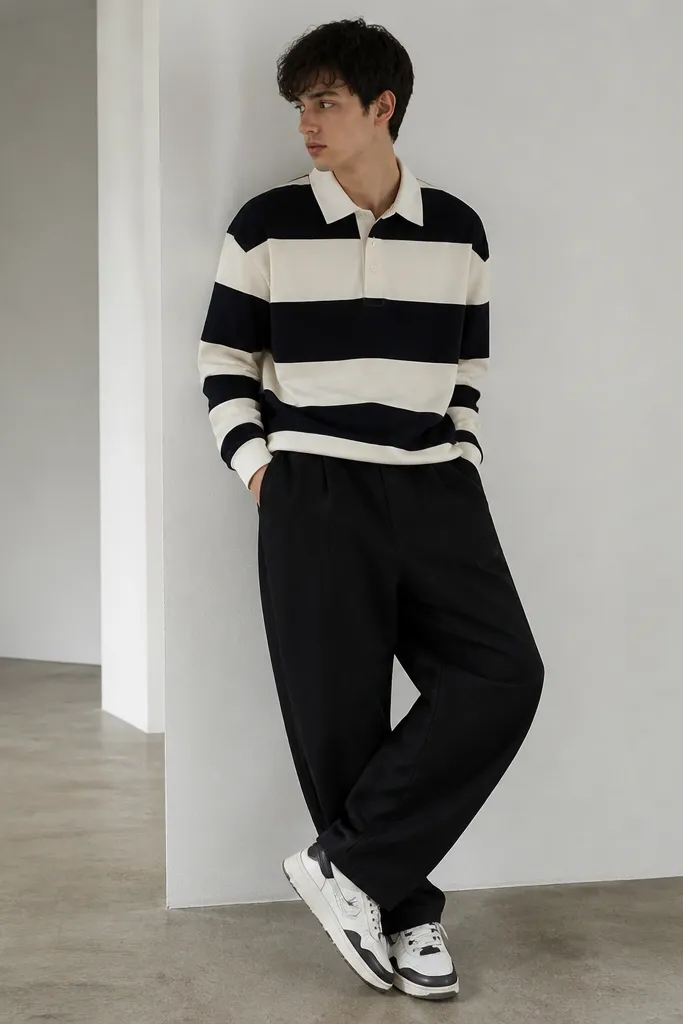 Black baggy sweatpants with a striped rugby shirt. The shirt has a collar and visible buttons. White sneakers with black accents.