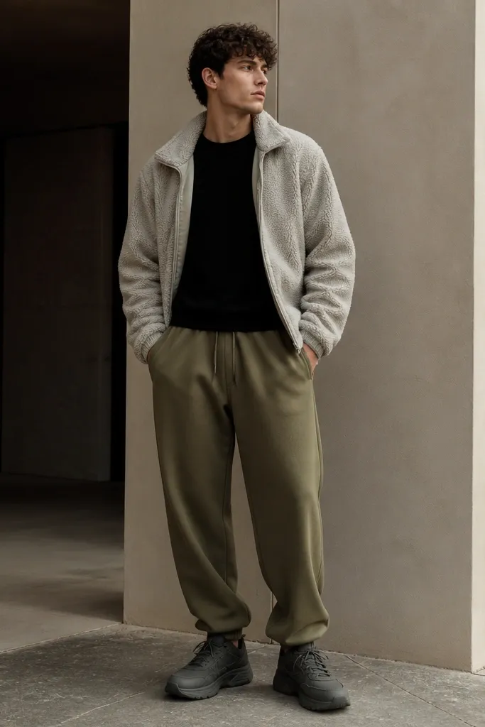 Olive baggy sweatpants with a black t-shirt. Light gray sherpa jacket worn open. Thick-soled sneakers in dark gray.