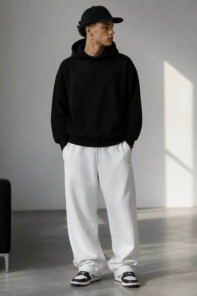 White baggy sweatpants with a black hoodie. Black cap and black-and-white sneakers. The hem stacks over the sneakers.