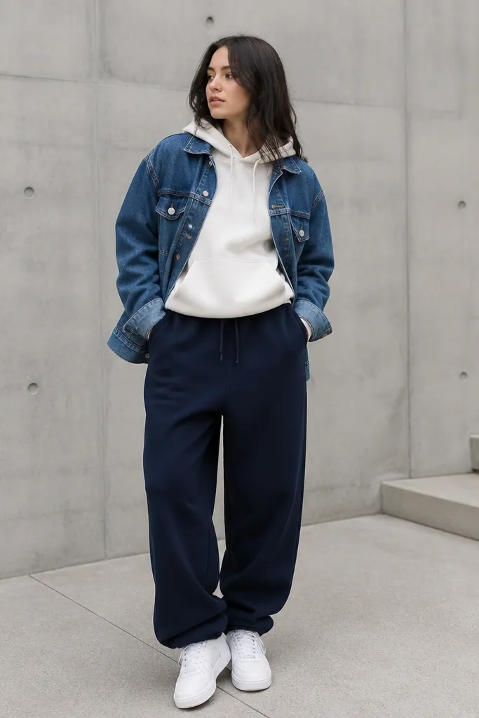 Navy baggy sweatpants with a white hoodie. A medium-wash denim jacket worn open. White sneakers.