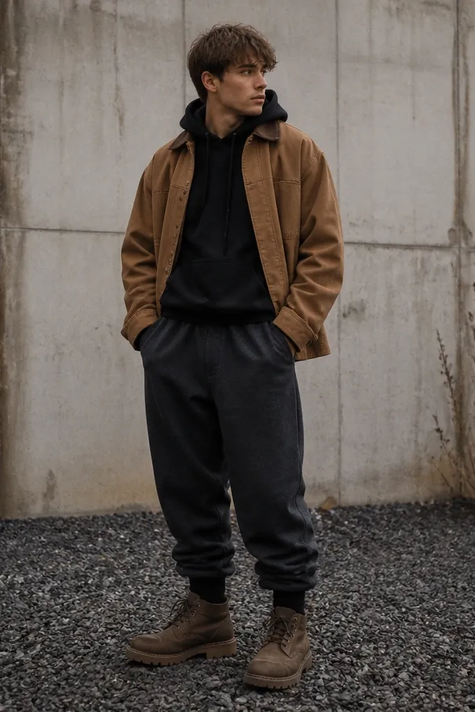 Charcoal baggy sweatpants with a black hoodie. Tan work jacket worn open. Tan or brown boots and dark socks.