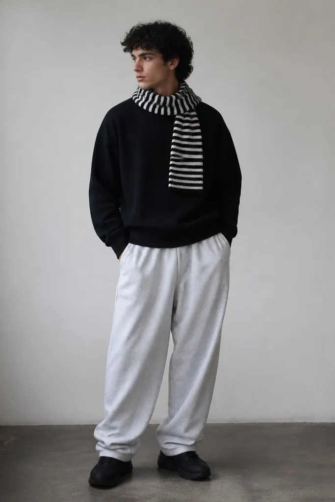 Light gray baggy sweatpants with a black crewneck sweatshirt. A striped scarf in black and white around the neck. Black sneakers.