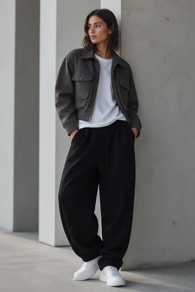 Black baggy sweatpants with a white t-shirt. A cropped utility jacket with multiple pockets, worn slightly open. White sneakers.