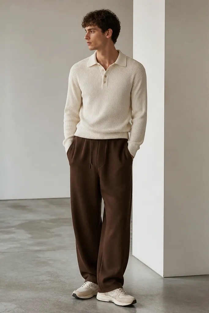 Brown baggy sweatpants with a cream knit polo. Track-style sneakers in off-white with subtle branding.