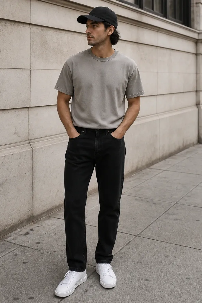 A man wearing a faded stone-colored crewneck tee tucked slightly into black straight jeans, paired with clean white low-top sneakers. A black baseball cap sits on his head, and the photo shows a simple street sidewalk background.