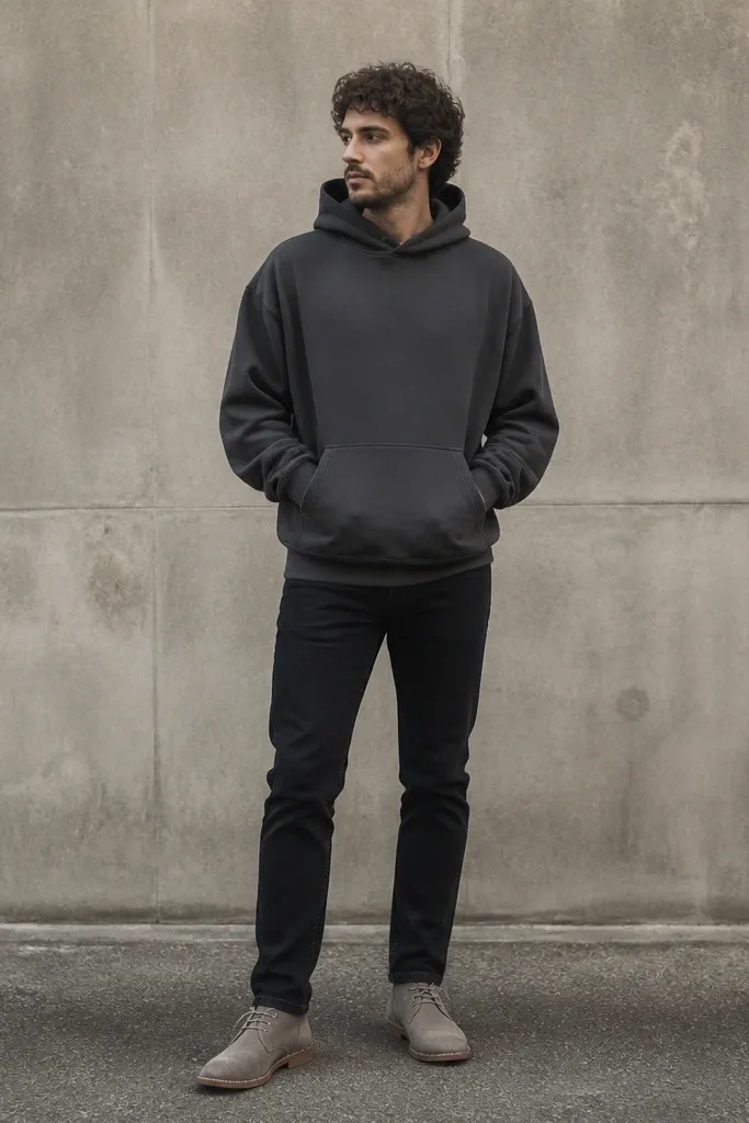 A charcoal pullover hoodie with a slightly oversized fit over black jeans, paired with grey suede chukka boots. The man's stance is relaxed, hands in the hoodie pocket, with a neutral street wall behind.