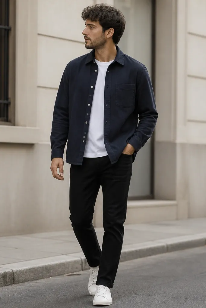 A navy overshirt layered over a white tee, paired with black jeans and white sneakers. The overshirt has visible buttons and a chest pocket, with a casual street setting.