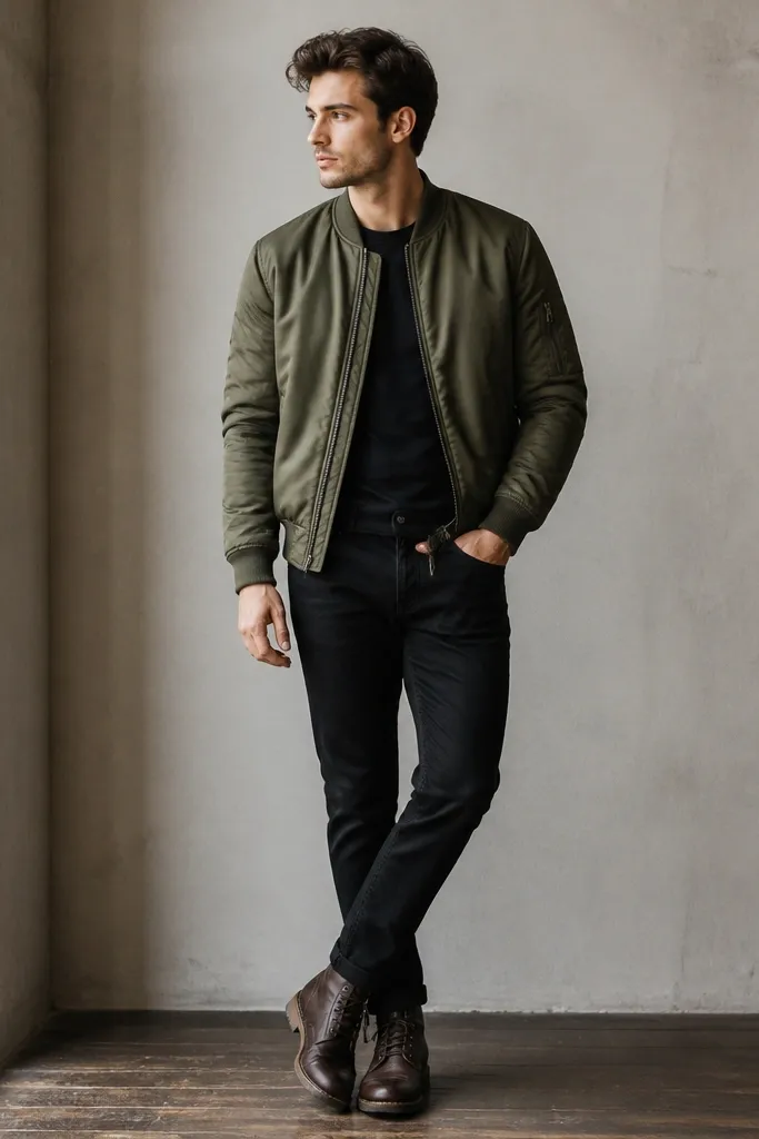 An olive bomber jacket with ribbed cuffs over a black tee and black jeans, paired with dark brown boots. The bomber's zipper and collar are clearly visible.