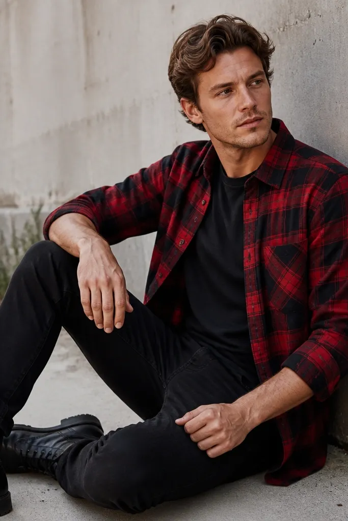 A red and black plaid flannel worn open over a dark tee, with black jeans and black lace-up boots. The flannel has a front pocket and visible buttons.