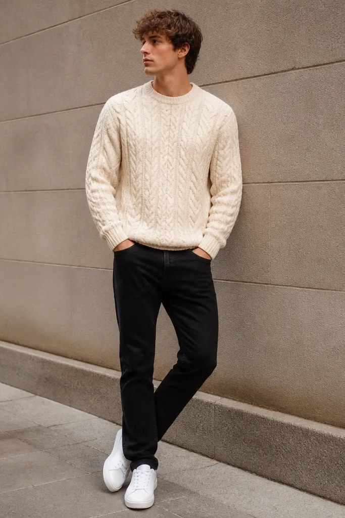 A cream cable-knit sweater with a crew neck over black jeans and clean white sneakers. The sweater texture is visible, with a neutral street background.