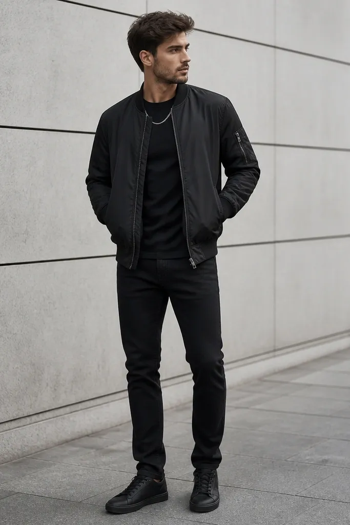 A matte black bomber jacket over a black tee, black jeans, and a silver chain visible at the collar. The shoes are black and clean with a low-top silhouette.