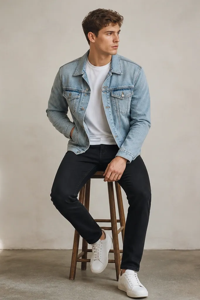 A light blue denim jacket with chest pockets over a white tee, paired with black jeans and white sneakers. The jacket stitching and seams are visible.