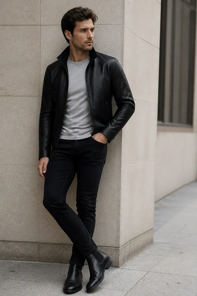 A black leather jacket over a heather grey tee, black jeans, and black Chelsea boots. The leather has a matte finish and the jacket collar is up slightly.