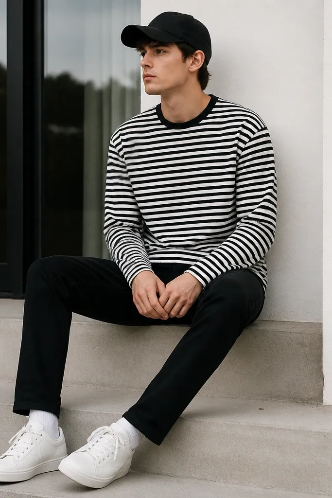 A black-and-white striped long sleeve tee worn over black jeans, with white sneakers and a black cap. The stripes are horizontal and evenly spaced.