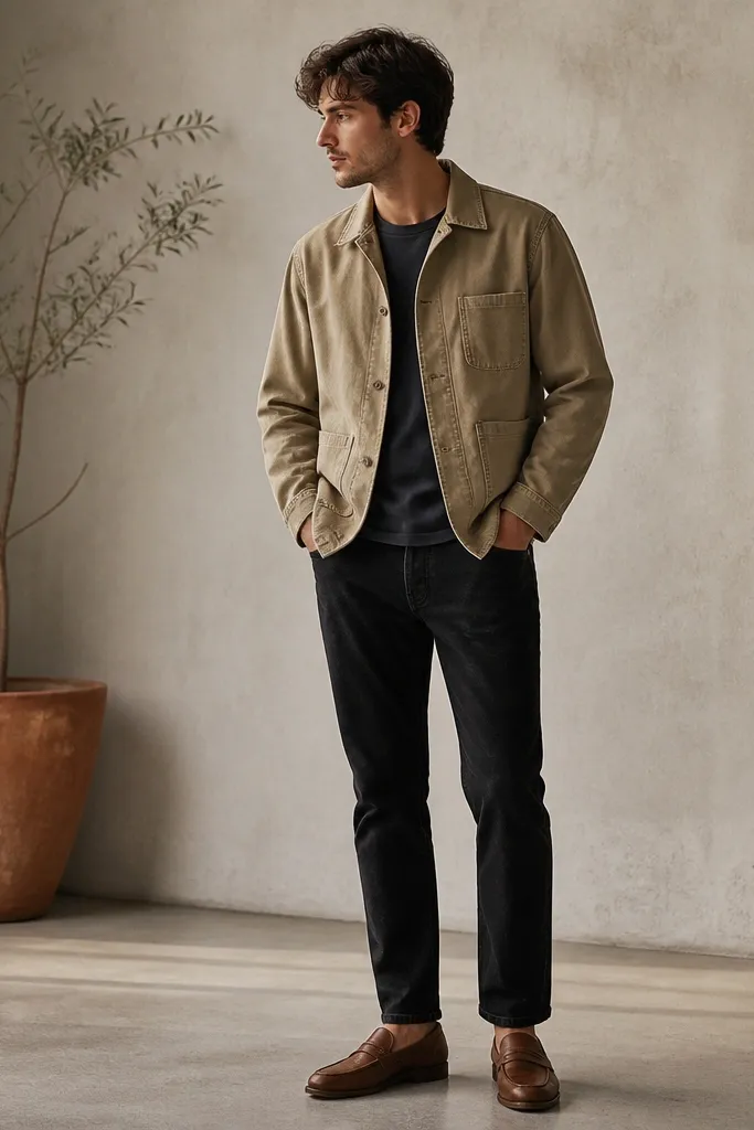 A khaki chore jacket with front pockets over a dark tee, black jeans, and brown loafers. The jacket has a workwear cut and visible seams.