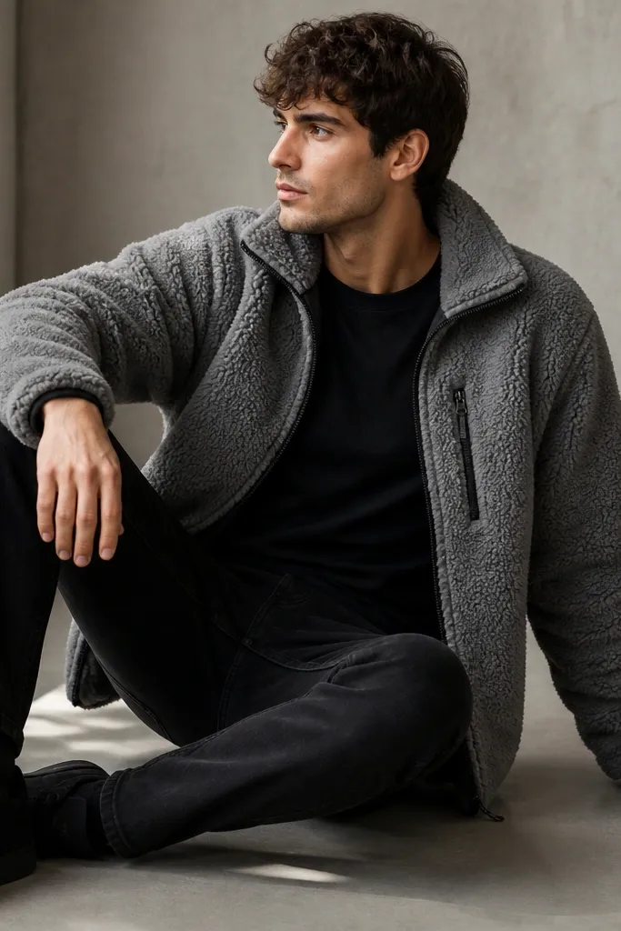 A grey sherpa jacket with a thick fleece texture over a black tee, paired with black jeans and black sneakers. The photo shows the shaggy fabric texture clearly.