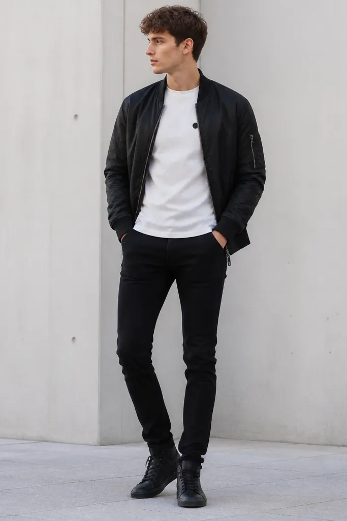 A white graphic t-shirt with a small chest logo over black jeans, with a black bomber jacket worn open. Black high-top sneakers finish the look.