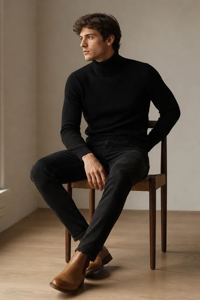 A black ribbed turtleneck sweater tucked into black jeans, paired with tan leather boots. The turtleneck collar is snug and visible.