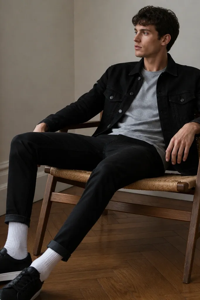 A heather grey tee under a black denim jacket, black jeans, and white crew socks with black sneakers. The cuffs show the socks clearly.