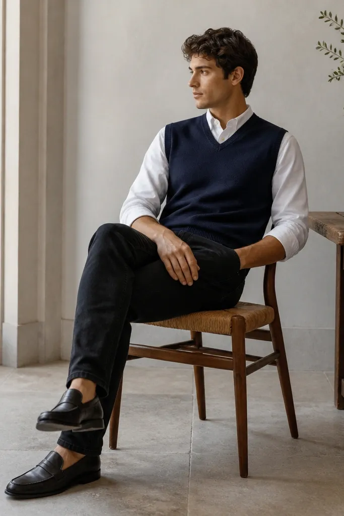 A navy sweater vest over a white button-up, paired with black jeans and dark loafers. The vest has a V-neck and a clean waist fit.