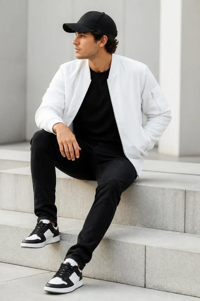 A bright white bomber jacket over a black tee, black jeans, and a black cap. The sneakers are black-and-white low-tops.