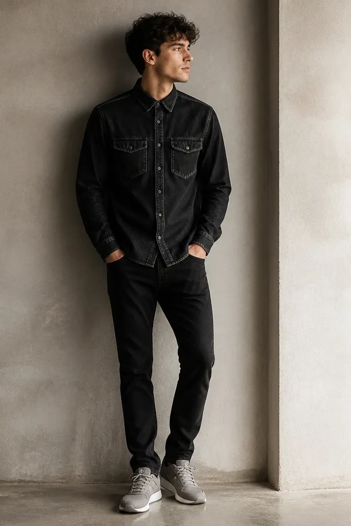 A black denim button-up worn closed over black jeans, paired with grey sneakers. The shirt pocket flaps and button details are visible.