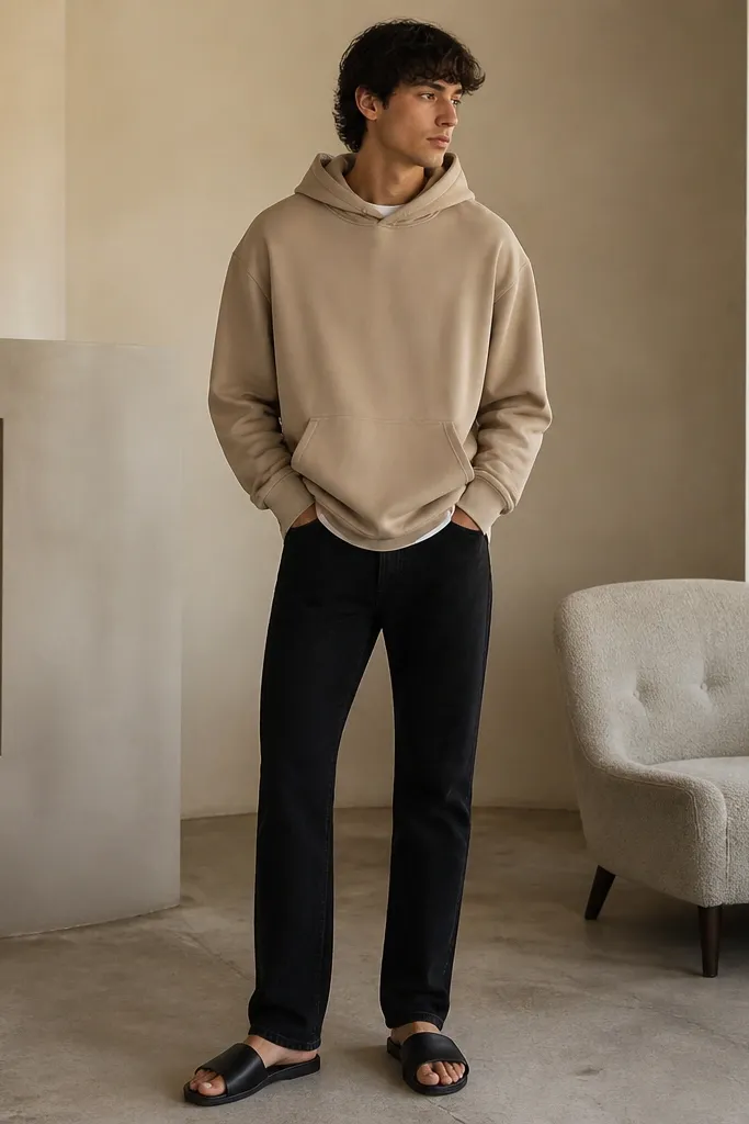 A tan pullover hoodie worn with black jeans and black slides. The hoodie is slightly oversized, with cuffs sitting at the wrists.