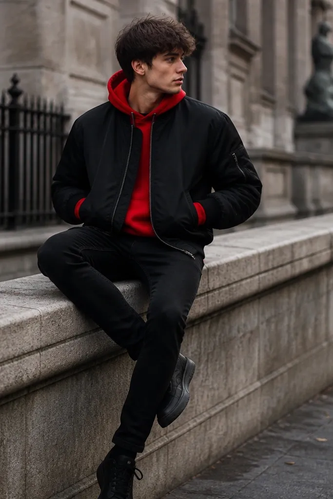 A black bomber jacket worn over a red hoodie showing at the collar and sleeves, with black jeans and black sneakers. The red color pops in the photo.