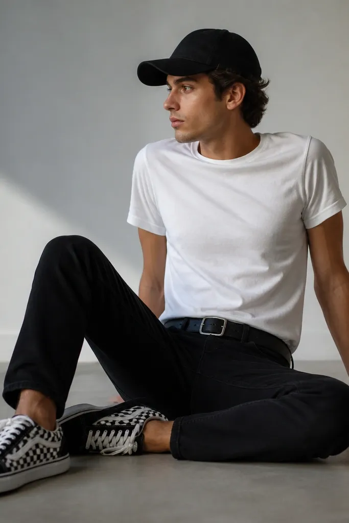 A plain white tee paired with black jeans and black-and-white checkerboard Vans-style sneakers. A black cap and a simple belt are visible.