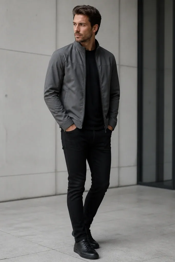 A grey tech jacket with a matte finish over a black tee, paired with black jeans and black leather sneakers. The jacket has a zipper and subtle paneling.