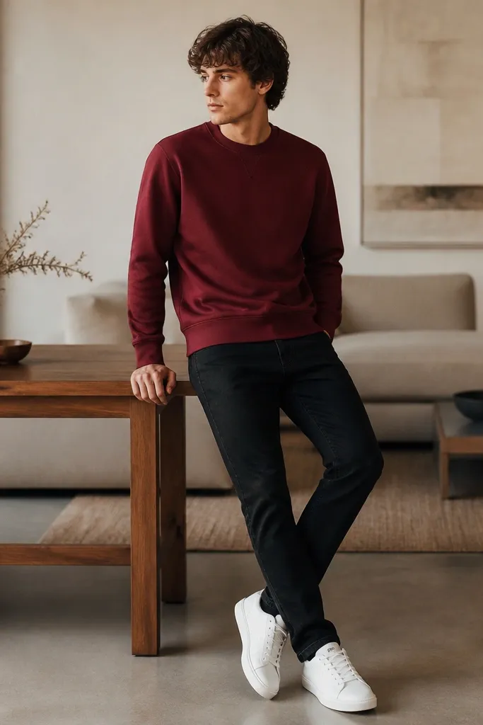 A burgundy crewneck sweater or sweatshirt over black jeans, with clean white sneakers. The burgundy fabric looks soft and medium weight.