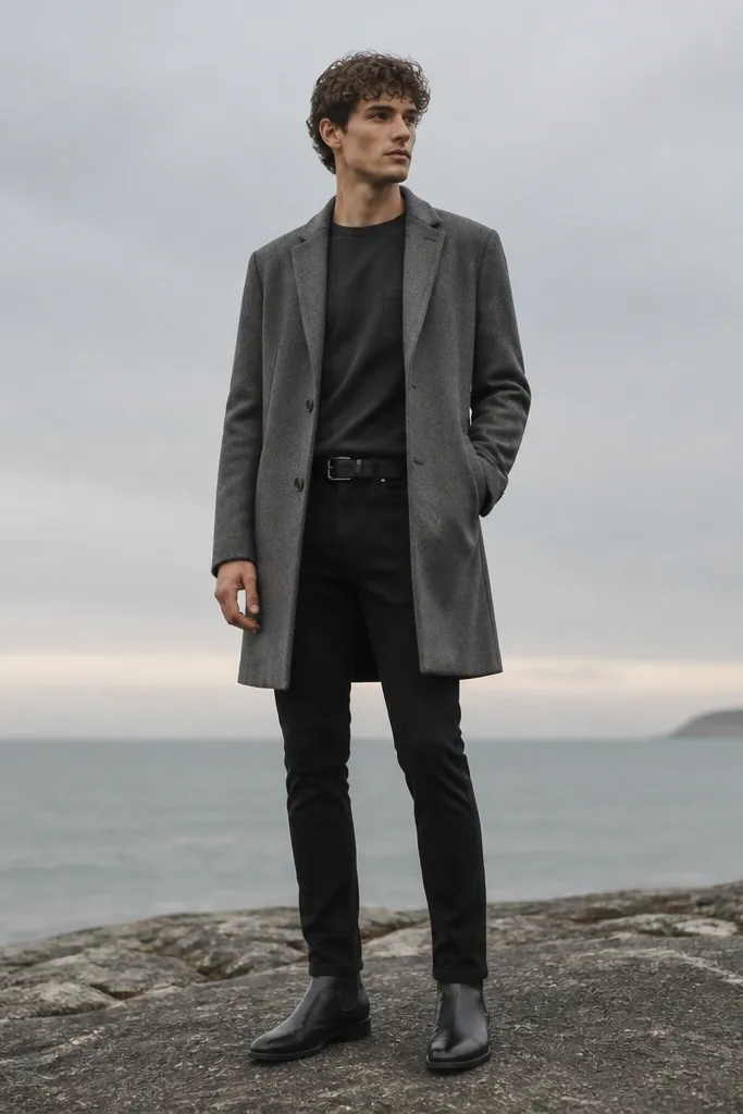 A long grey overcoat over a dark tee, black jeans, and black boots. The coat falls past the hips and the photo shows the full silhouette.
