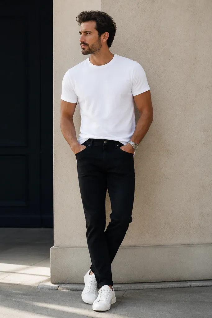Man wearing black slim-straight jeans with a fitted crisp white crew-neck T-shirt, tucked slightly at the front, and clean white low-top sneakers; a simple silver watch on the wrist.