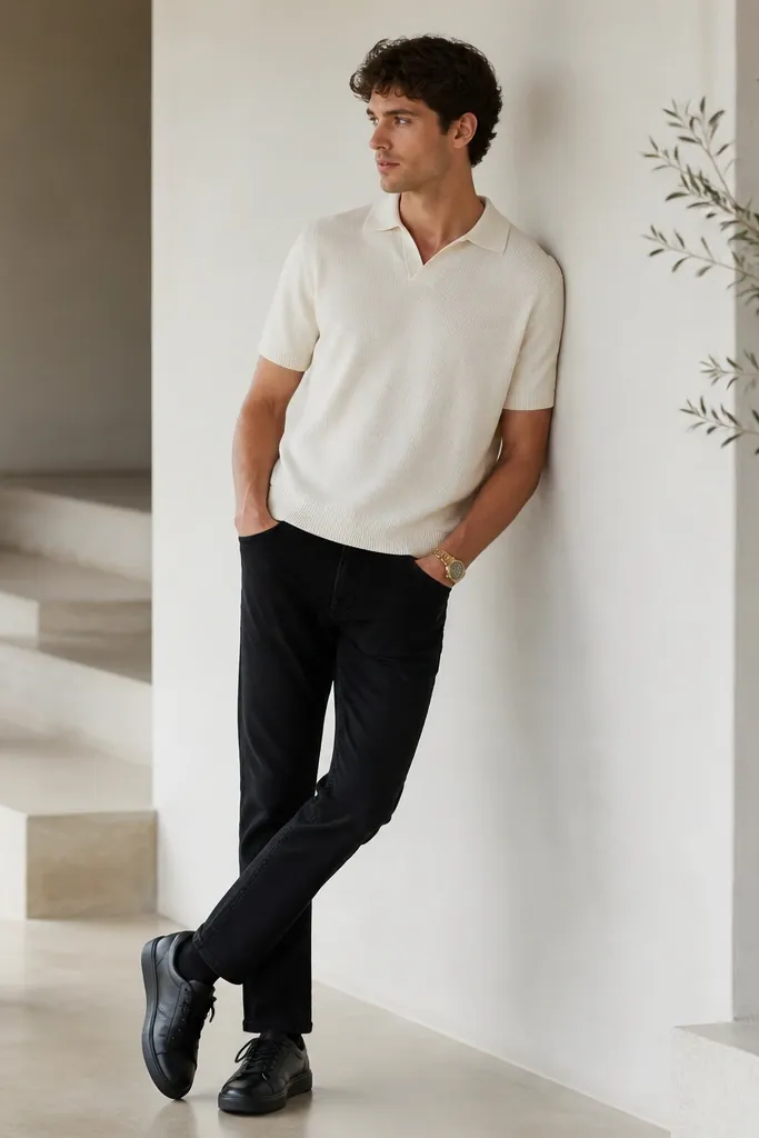 Black jeans paired with a cream knit polo shirt with a slim collar, worn untucked, and black leather sneakers; minimal gold watch.