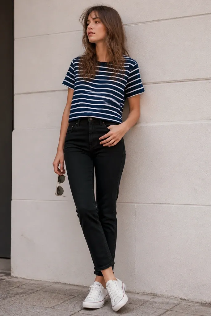 Black jeans with a navy-and-white horizontal striped short-sleeve tee, slightly cropped fit, and white canvas sneakers; sunglasses in hand.