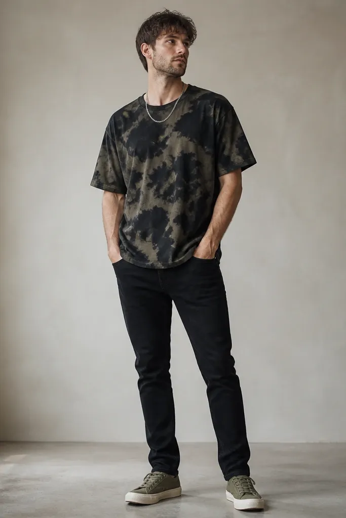 Black jeans paired with a black-and-olive tie-dye short-sleeve tee, worn untucked, and olive canvas sneakers; silver chain necklace.