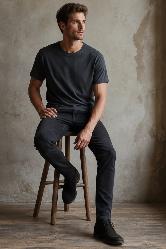 Black jeans with a charcoal gray heavyweight crew-neck tee, both in similar darkness, plus black suede desert boots.