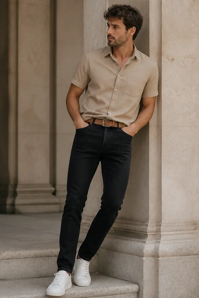 Black jeans paired with a light tan short-sleeve button-up shirt, partially tucked, and white leather sneakers; tan belt.