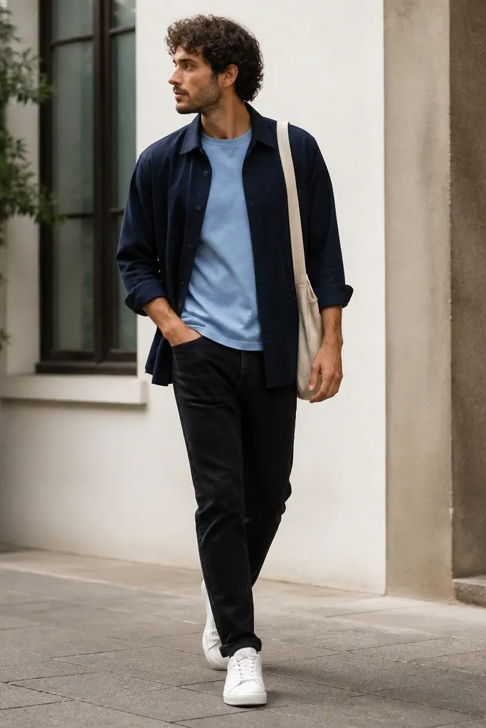Black jeans with a sky-blue crew tee under a navy lightweight overshirt worn open, plus white sneakers and a canvas crossbody bag.