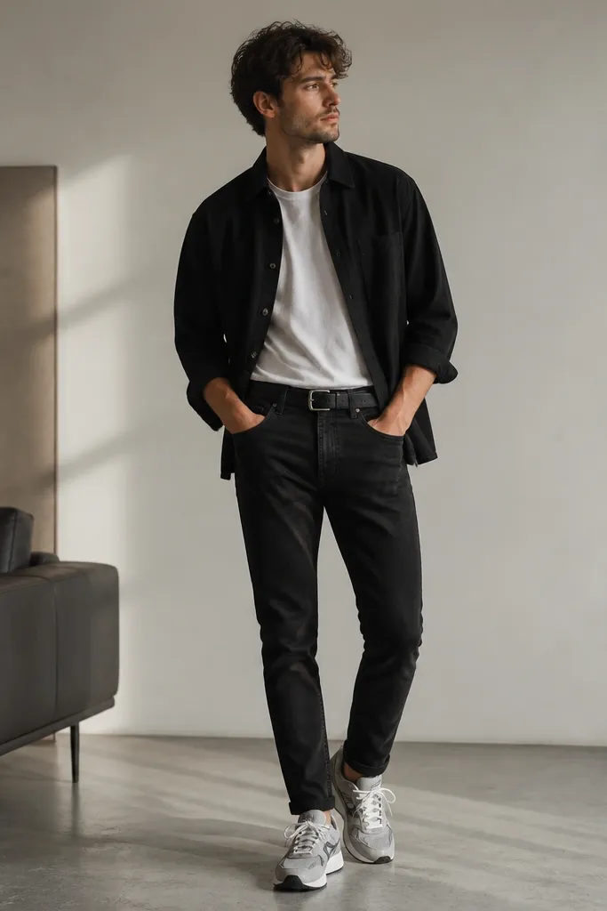 Black jeans paired with a white tee layered under a black overshirt, sleeves rolled once, plus gray trainers and a black belt.